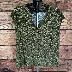 Anne Klein XL Black Yellow Abstract Print V-Neck Blouse Work Top